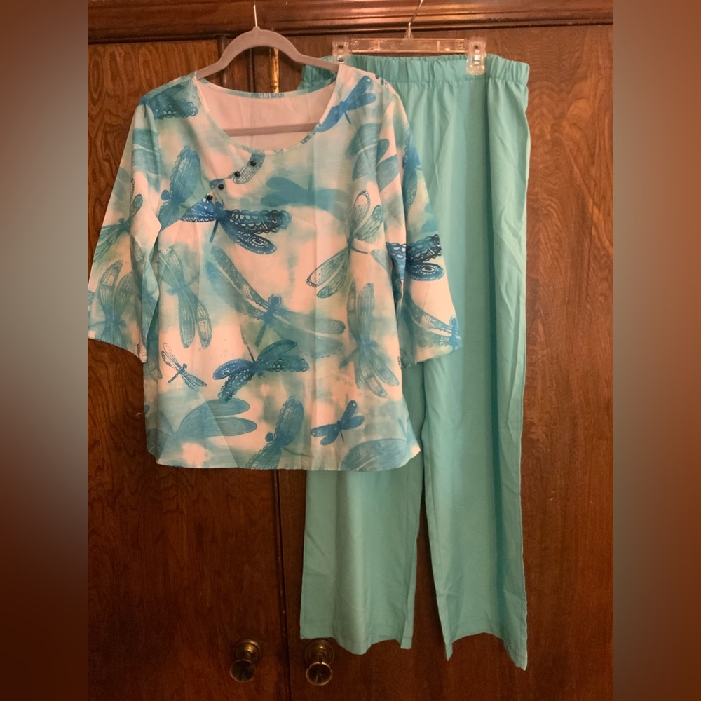 Women's Aqua Dragonfly Print Pantsuit